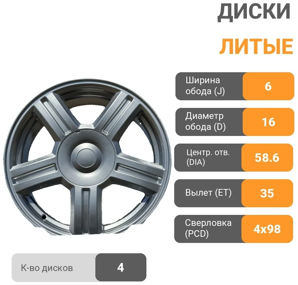 АвтоВаз Торус 6x16/4x98 D58.6 ET35 4 диска серебристый