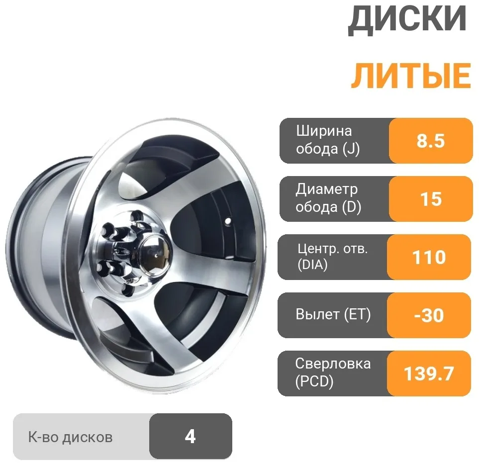 Wheels 6937 8.5x15/6x139.7 D110 ET-30 4 диска черный, серебристый